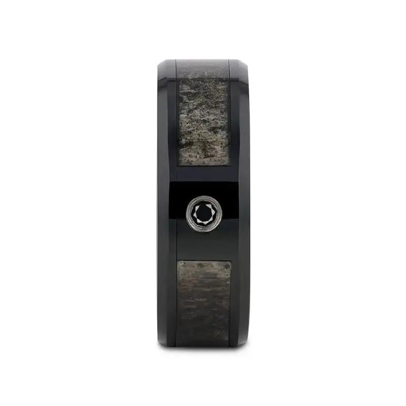 Nineveh black ceramic ring with deer antler inlay, front view