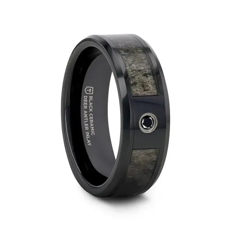 Nineveh black ceramic ring with deer antler inlay, side view