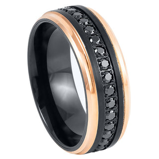 Prometheus Men's Black Tungsten Ring with Rose Gold Edges and Black CZ Eternity - 8mm - 9.50 / 8mm / Black