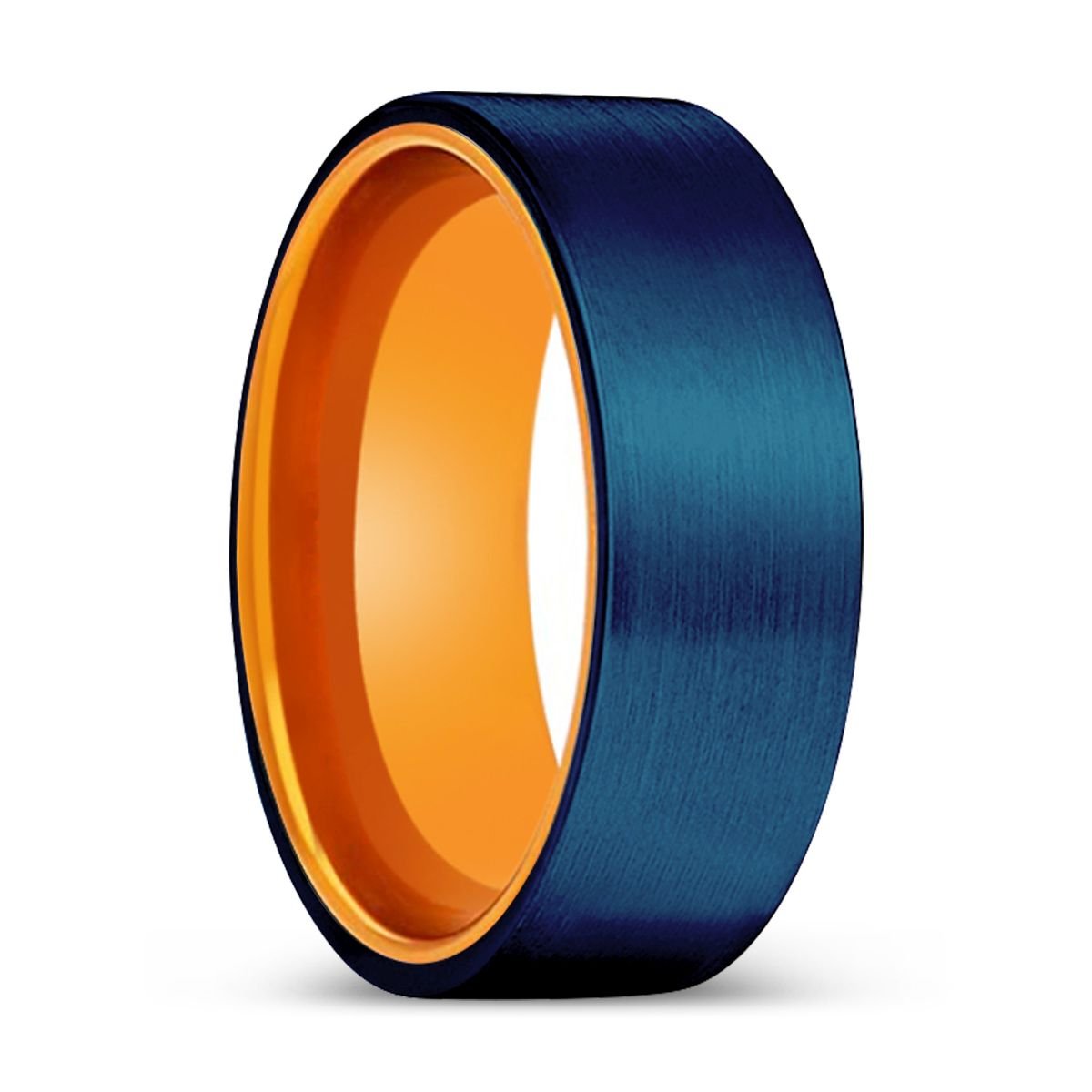 Pan blue tungsten ring with orange aluminum sleeve, front view