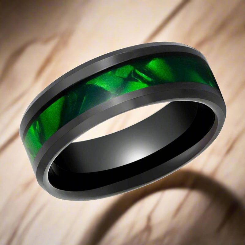 Wepwawet black tungsten ring with green mother of pearl inlay, front view