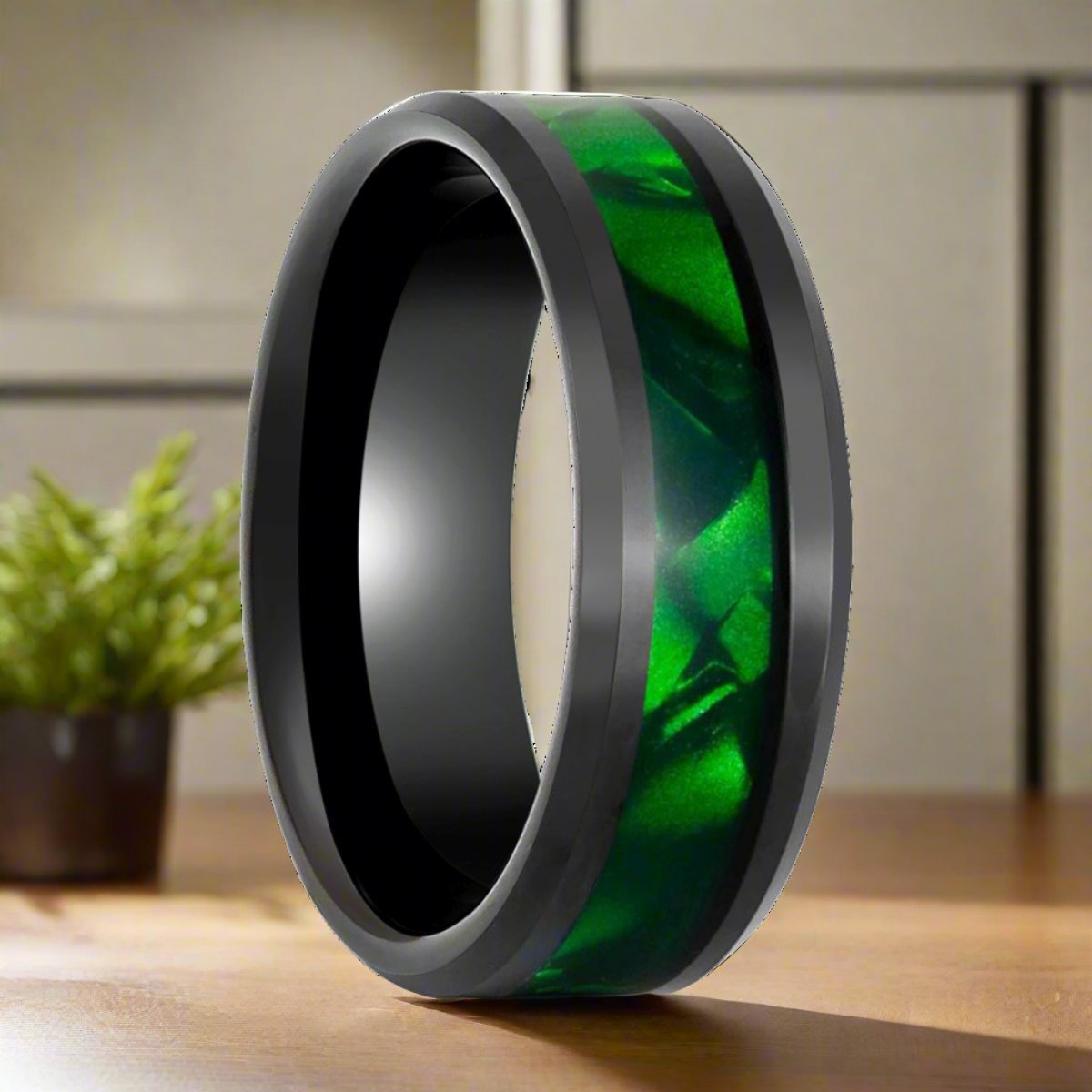 Wepwawet black tungsten ring with green mother of pearl inlay, front view