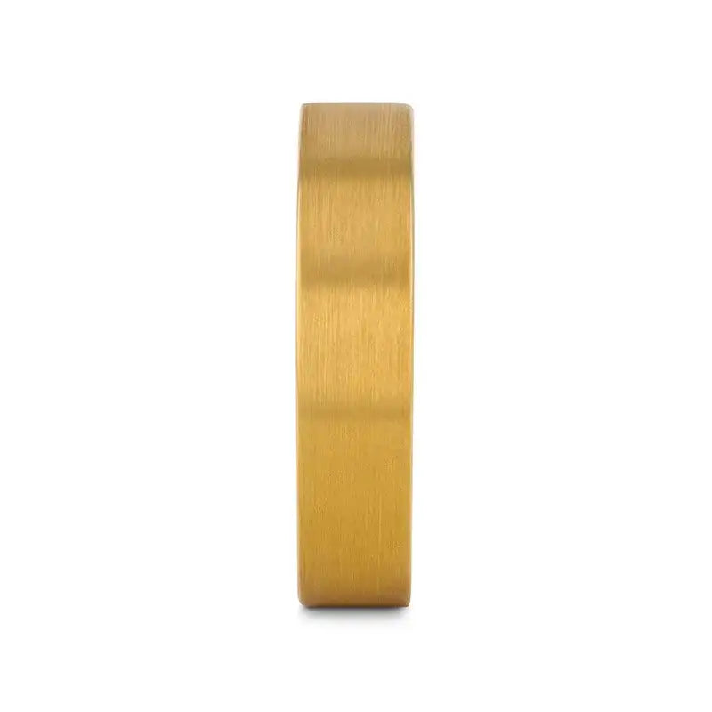 Ithaca gold-plated brushed tungsten ring, on finger