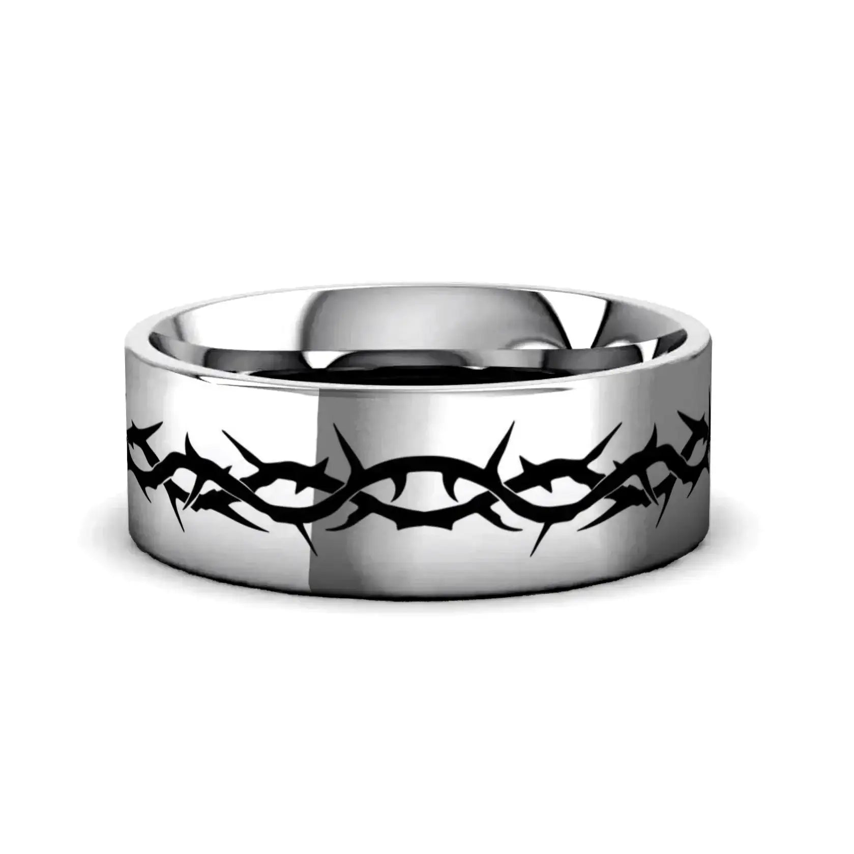 Thyatira natural tungsten ring with thorn crown engraving, flat lay