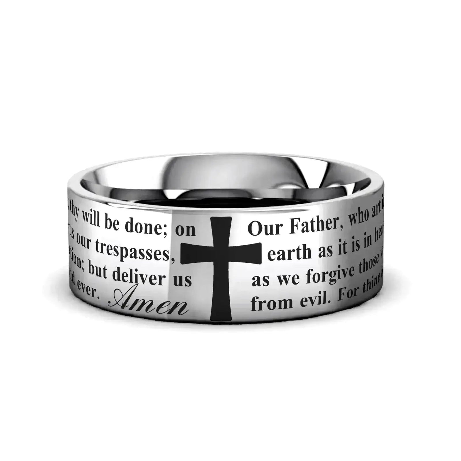 Ephesus natural tungsten ring with Lord's Prayer engraving, flat lay