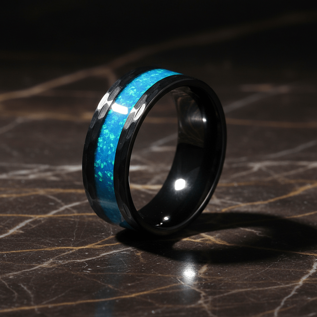 Nun black tungsten ring with blue opal inlay, detail view