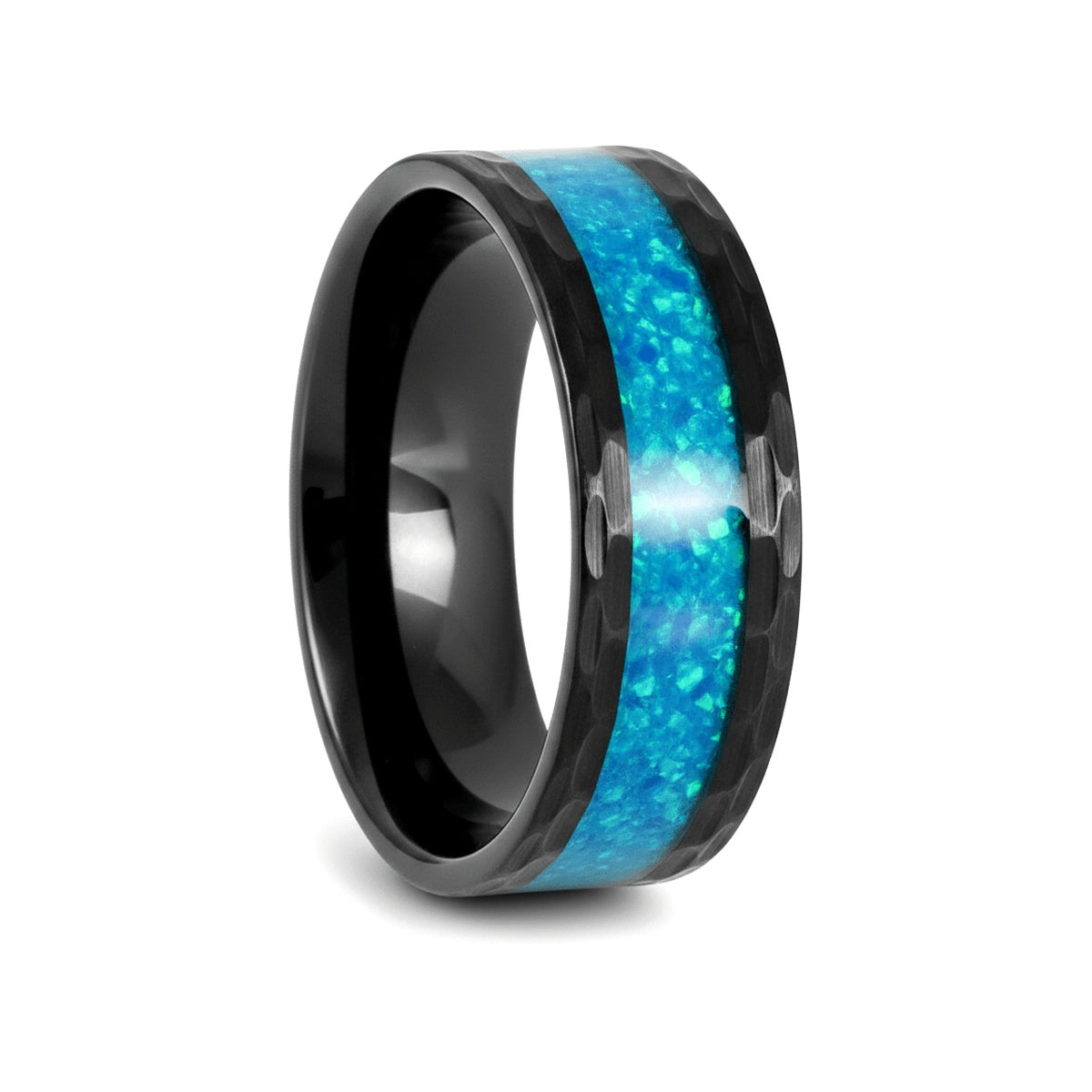 Nun black tungsten ring with blue opal inlay, front view