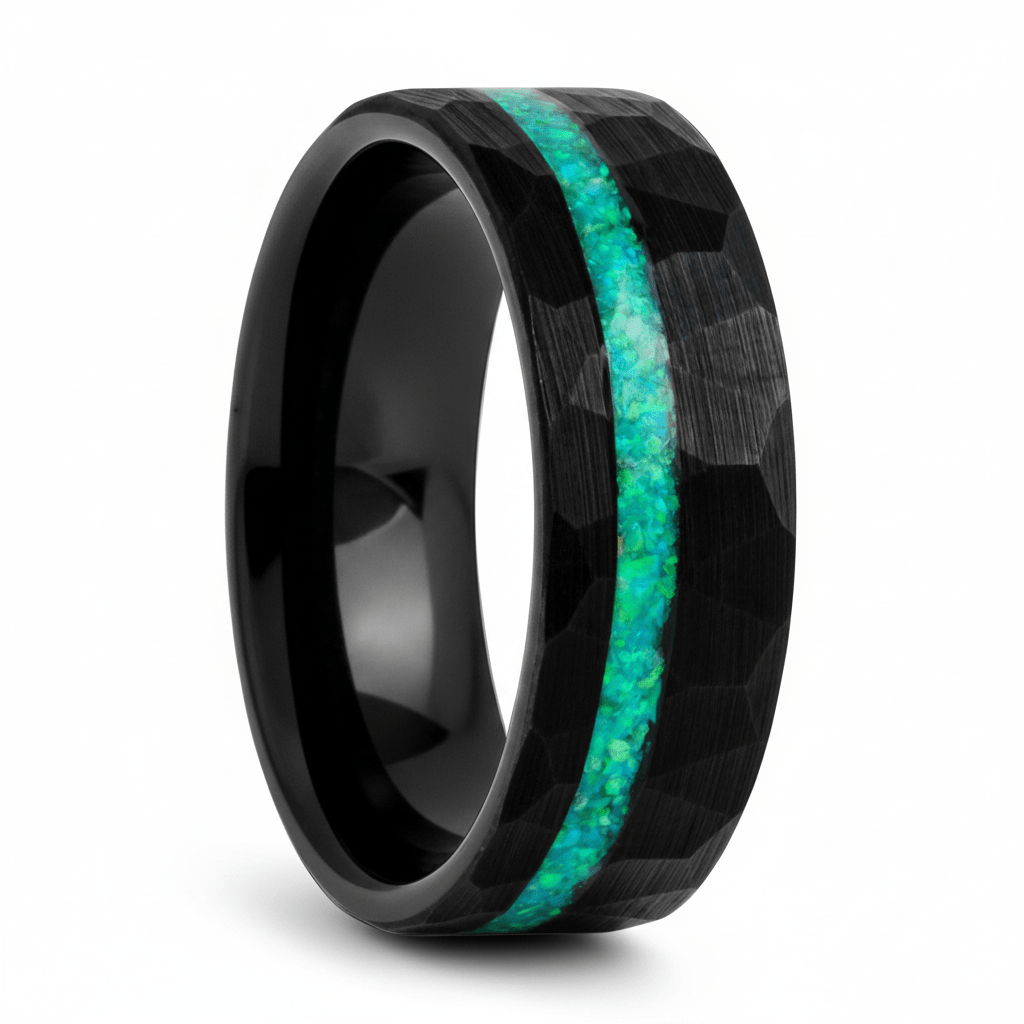 Hermes black tungsten ring with green opal inlay, front view