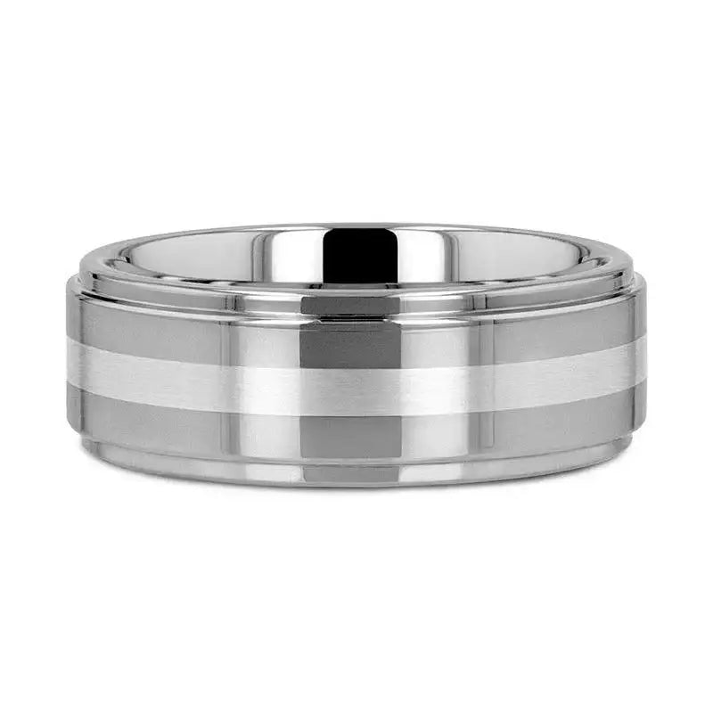 Thessaly tungsten ring with brushed stripe, flat lay