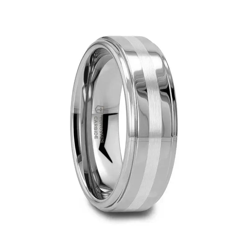 Thessaly tungsten ring with brushed stripe, slim width side view