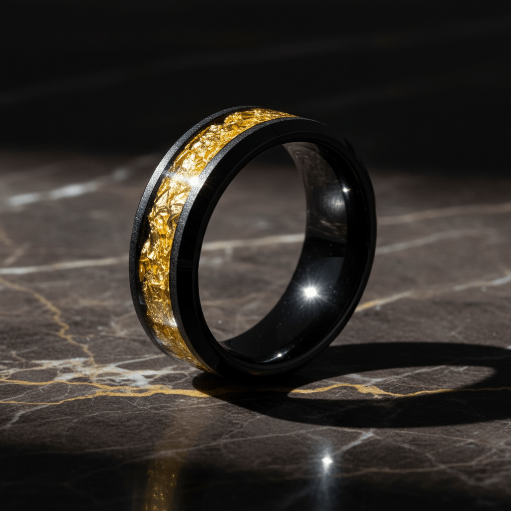 Atum black tungsten ring with gold foil inlay, detail view