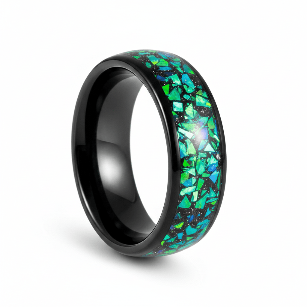 Thoth black tungsten ring with green opal and abalone inlay, front view