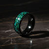 Thoth black tungsten ring with green opal and abalone inlay, detail view