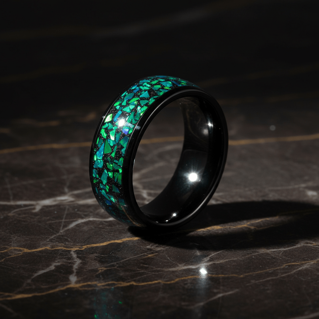 Thoth black tungsten ring with green opal and abalone inlay, detail view