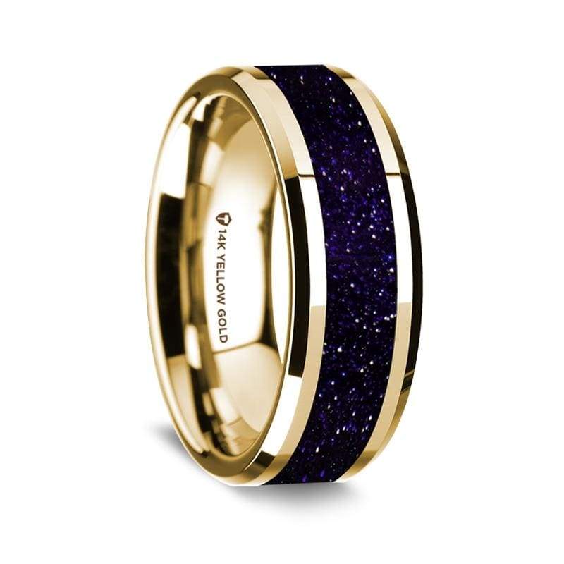 14K Yellow Gold Wedding Ring with Purple Goldstone Inlay Beveled Edges - 8 mm
