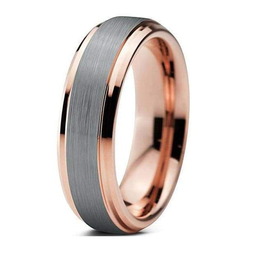 18K Rose Gold Inlaid Tungsten Wedding Band w/ Stepped Edges Brushed Center- 6mm