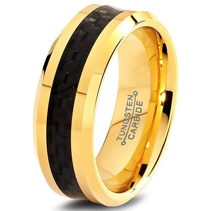 18K Yellow Gold Plated Tungsten Ring Beveled Edges With Black Carbon Fiber - 8mm