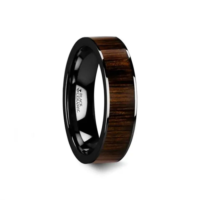 DION Flat Black Ceramic Ring Highly Polished Black Walnut Wood Inlay - 6mm - 10mm