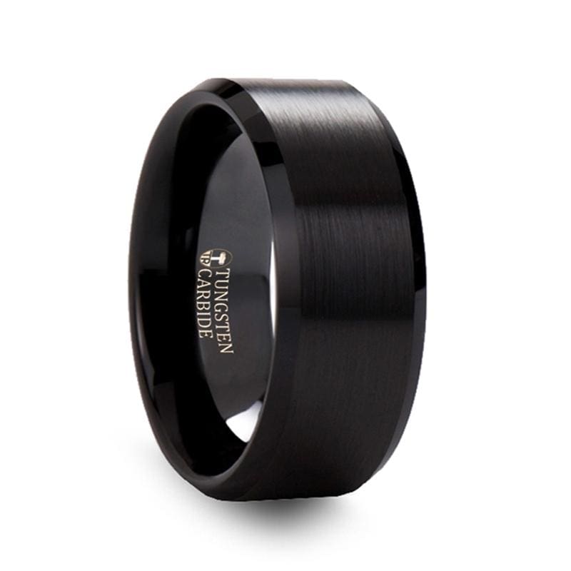 Classic Black Stainless Steel Flat Band Ring with Beveled Edges. -  925Express