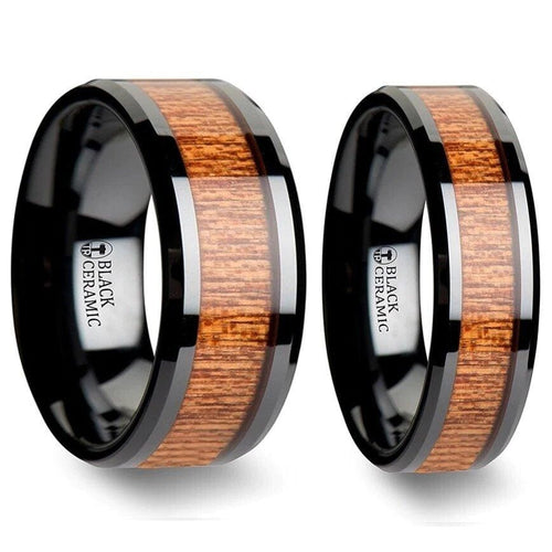 Achelous African Black Ceramic Wedding Band Set Sapele Wood Inlaid - 6mm-10mm