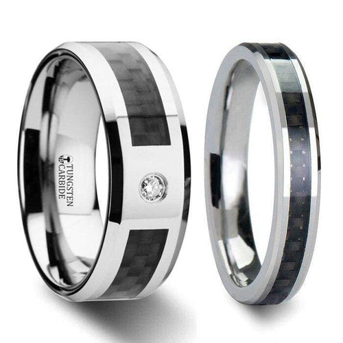 Acrapolis Black Tungsten Carbide Wedding Band Set Carbon Fiber Inlaid- 4mm-10mm