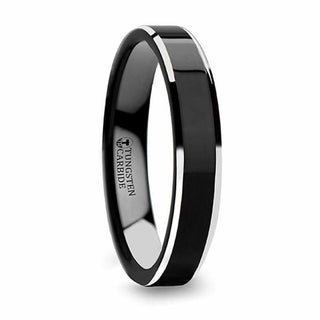 ADA Highly Polished Black Women's Tungsten Ring with White Tungsten Bevels 4mm - 5 / Black