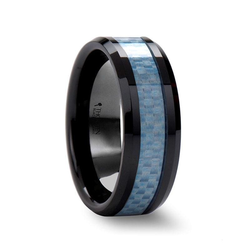 ADINO Men’s Beveled Blue Carbon Fiber Inlaid Black Ceramic Wedding Band - 8mm