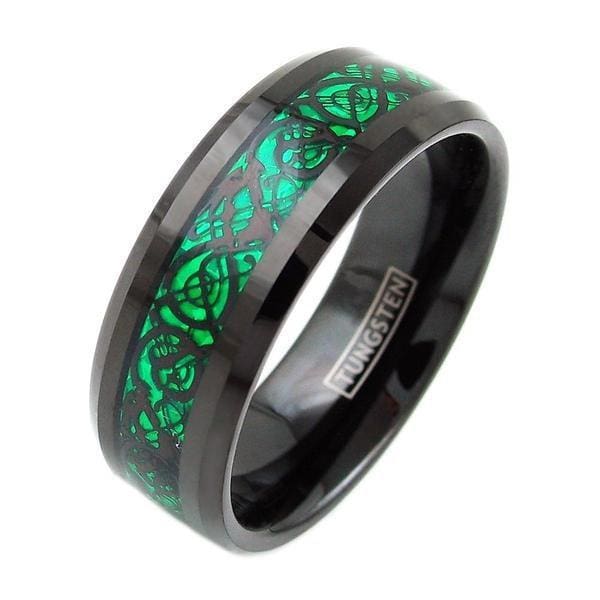 ALCANDER Black Tungsten Ring W/ Green Background Inlay Dragon Design Pattern - 8mm