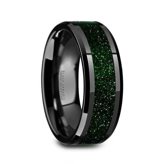 Alder Black Ceramic Wedding Ring Green Goldstone Inlay Beveled Polished Finish - 8mm