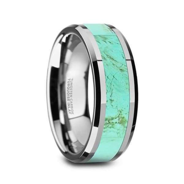 Aldin Wedding Tungsten Ring Light Blue Turquoise Stone Inlay Beveled P ...