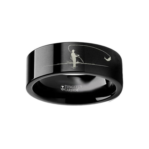 ALI Landscape Fly Fishing Fishermen Fish Engraved Black Tungsten Ring 4mm - 12mm