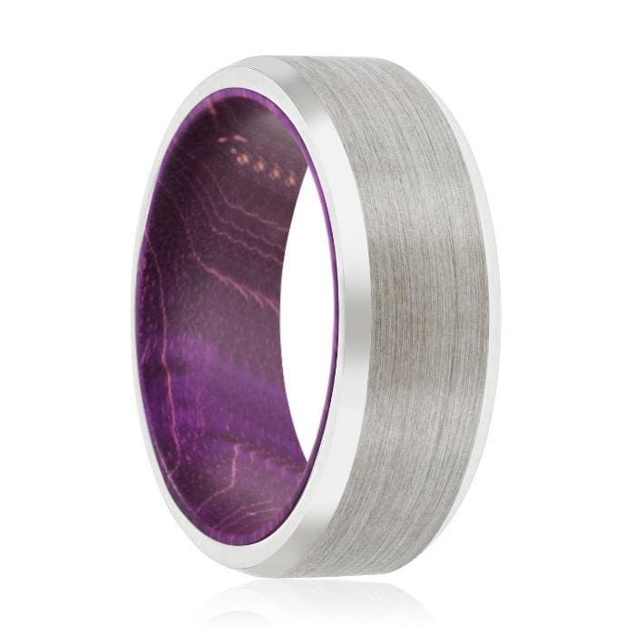 Alpine Purple Wood Sleeve Inlaid beveled Brushed Tungsten Carbide Ring - 8mm