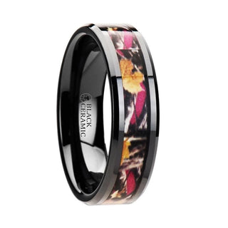 AMARI Black Ceramic Camo Wedding Ring with Real Pink Oak Tree Leaves 6mm & 8mm - 6mm / 5 / Black Ceramic