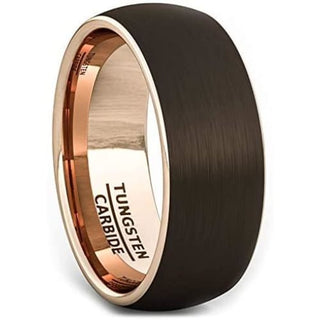 ARIUS Domed 18k Rose Gold Inlaid Brown Brushed Tungsten Wedding Ring - 8mm - 7.5 / Brown