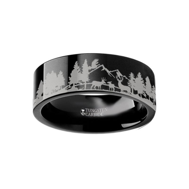 ASHLAND Deer Stag Mountain Range Canvas Engraved Black Tungsten Ring 4mm - 12mm