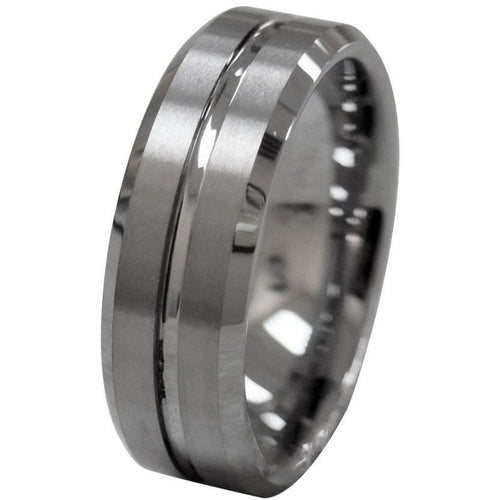 Austen Men’s Tungsten Wedding Band With Grooved Center and Beveled Edges 8mm