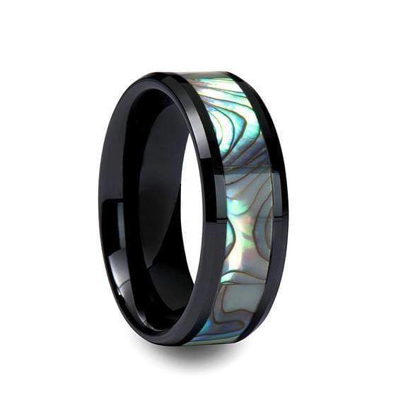 Austin Black Ceramic Wedding Ring Shell Inlay Beveled Polished Finish ...