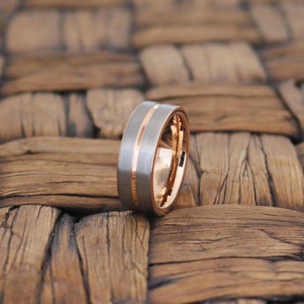 Mens Rose Gold Inlaid Tungsten Carbide Ring Brushed Comfort Fit - 8mm