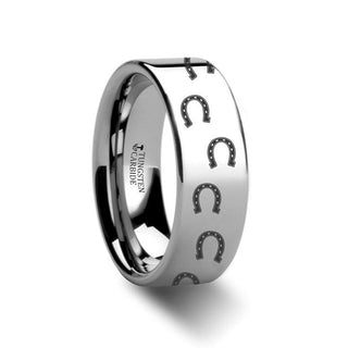 Belfast Horse Shoe Print Ring Engraved Flat Tungsten Carbide Ring - 4mm - 12mm - 4mm / 5 / Tungsten