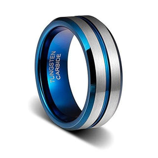 BEMUS Blue Beveled Tungsten Wedding Band with Thin Blue Grooved Center - 8mm - 7 / Blue