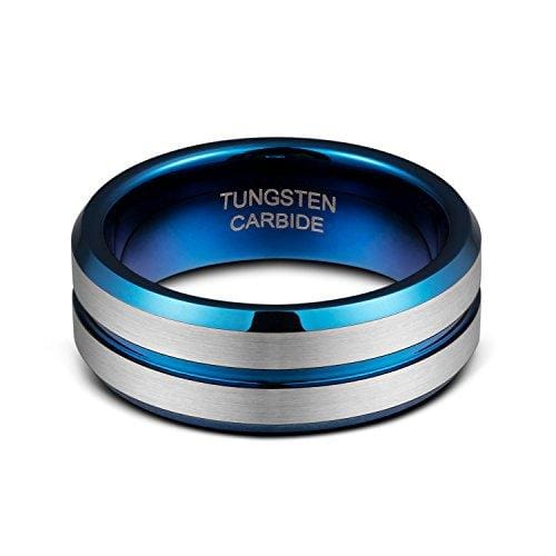 BEMUS Blue Beveled Tungsten Wedding Band with Thin Grooved Center - 8mm