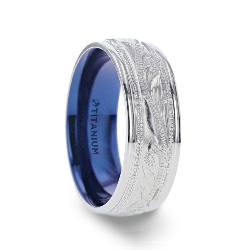 Benton Titanium Milgrain Engraved Finish Wedding Ring Blue Plating Inside - 8mm