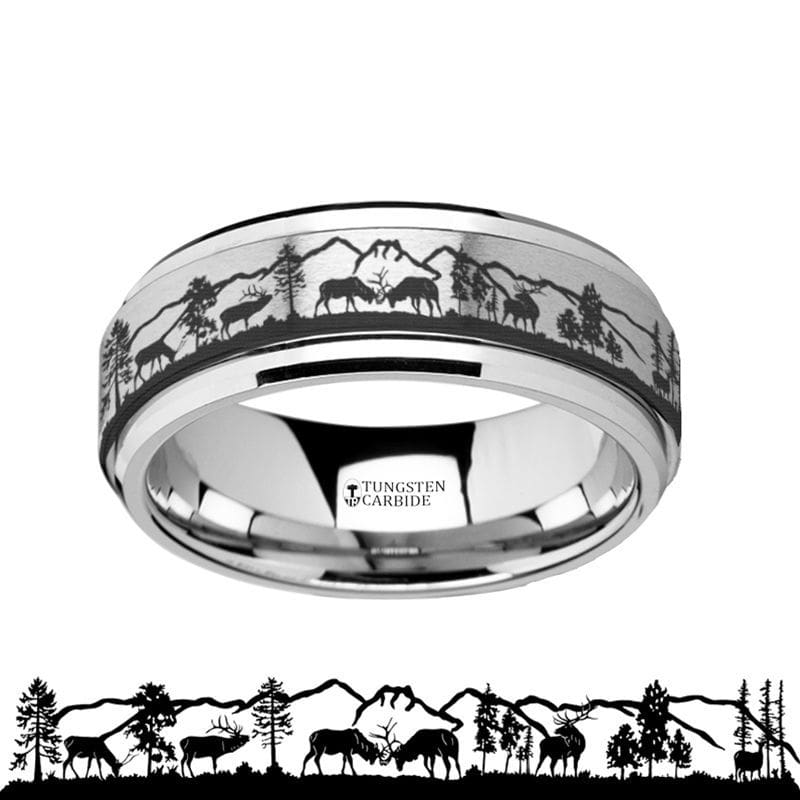 BEVAN Engraved Elk Deer Stag Mountain Range Tungsten Spinner Ring - 8mm
