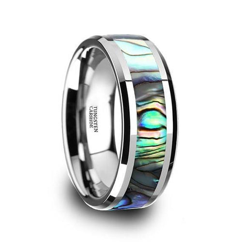 Beveled Tungsten Wedding Ring With Mother Of Pearl Inlay Polished Finish 4mm-10mm