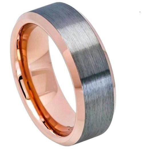 Beveled Two-Tone Rose Gold Tungsten Wedding Ring With Brushed Gun Metal Finish - 8mm