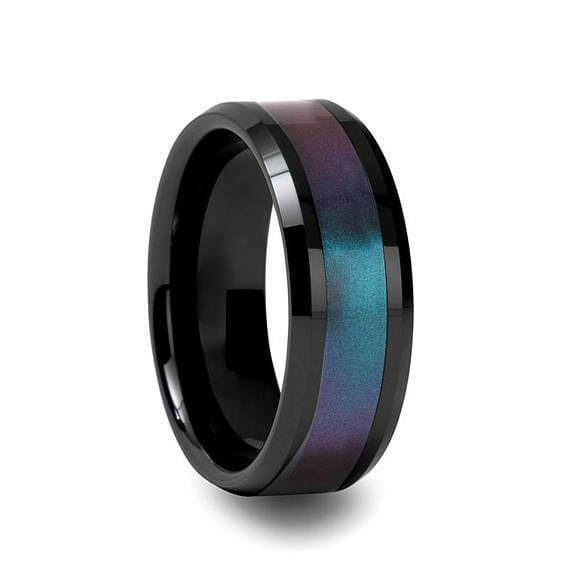 Black Ceramic Ring Blue-Purple Color Changing Inlay Beveled Polished Finish 6mm - 10mm