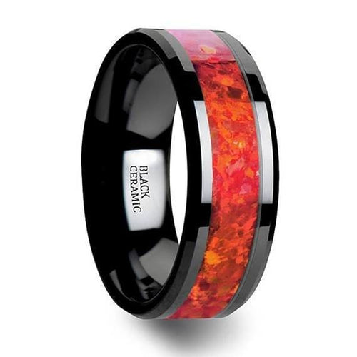 Black Ceramic Wedding Band Red Opal Inlay Beveled Polished Finish 4mm-8mm