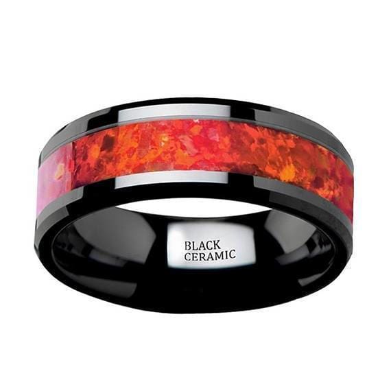 Black Ceramic Wedding Band Red Opal Inlay Beveled Polished Finish 4mm-8mm