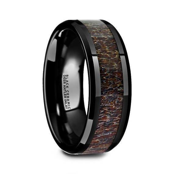 Black Ceramic Wedding Ring Deer Dark Brown Antler Inlay Beveled Finish - 6 & 8mm
