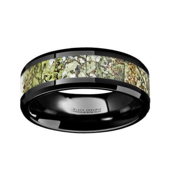 Black Ceramic Wedding Ring Green Dinosaur Bone Inlay Beveled and